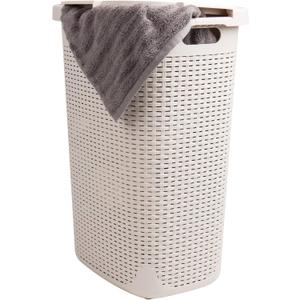 Mind Reader 60L Slim Laundry Hamper, Clothes Basket, Lid, Wicker Design, Plastic, 17.65"L x 13.75"W x 24.15"H, Ivory