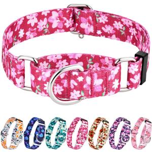 Hikiko Martingale Collar for Female Dogs - Floral Design, No Buckle, Nylon, No Pull, Medium, Japanese Pink
