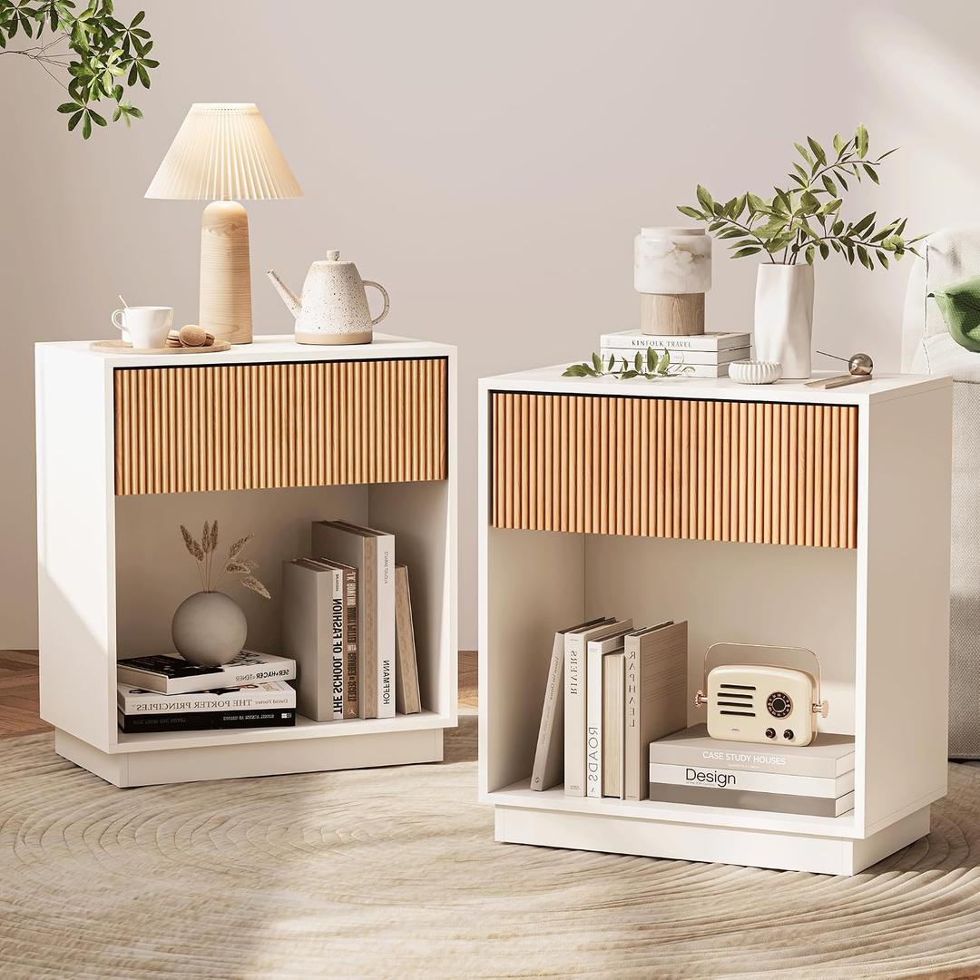 Fluted Nightstands Set of 2, Modern Bedside Table with Drawer and Storage Shelf, Wood End Table Mid Century Night Stands for Bedroom Living Room Sofa Couch Office (White+Oak), 19 Inches X 12 Inches X 24 Inches