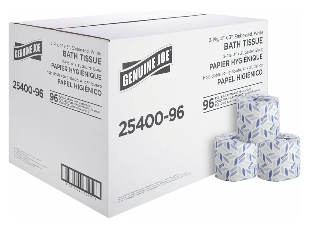 Genuine Joe Standard Bath Tissue, 3" x 4", 2-Ply, 400 Sheets/Roll, 96 Count
