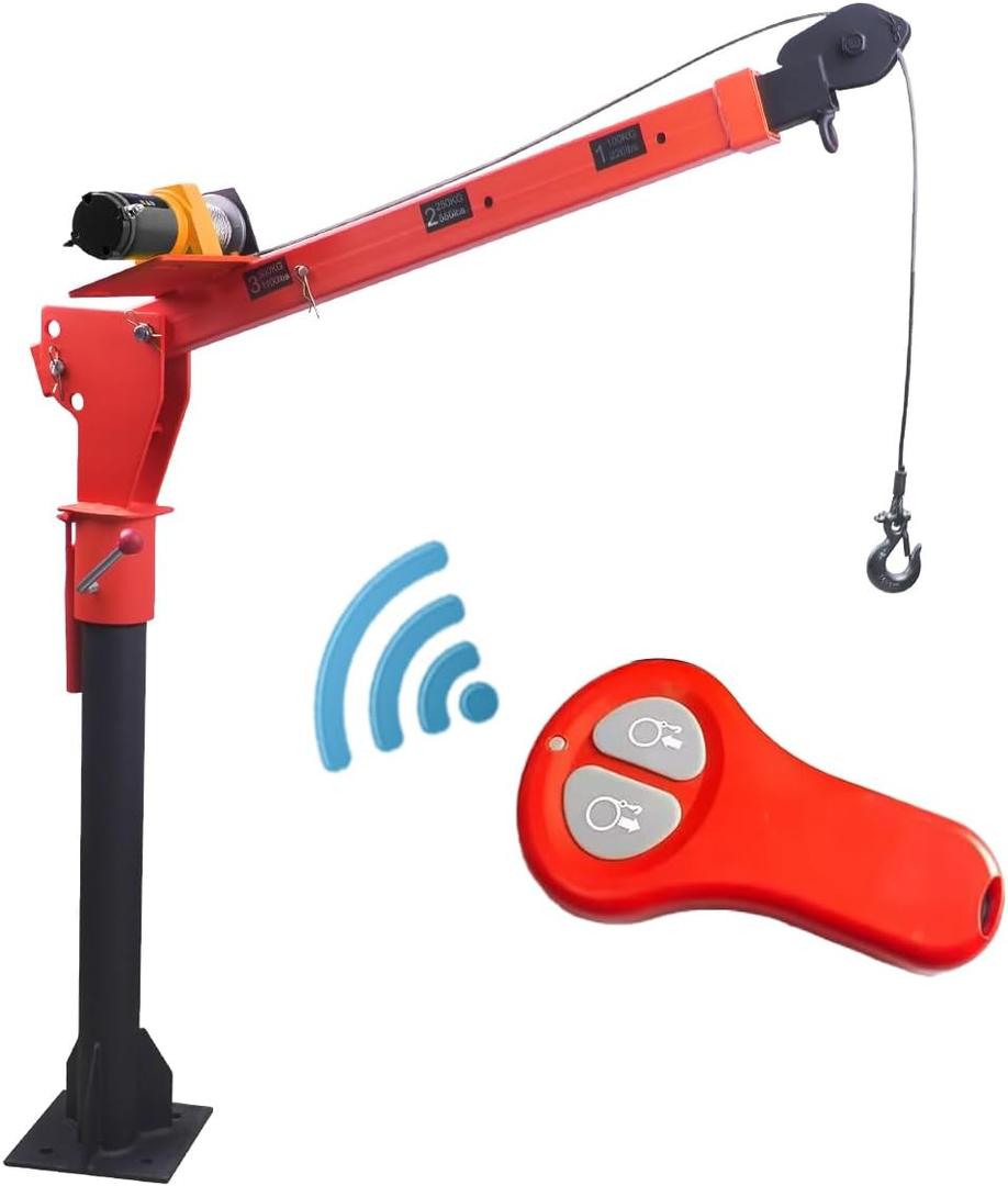 Pismire 1100lb Folding Truck-Mounted Jib Crane - 3500lb 12V Electric Winch Combo, 360 Swivel, Dual Remotes (Infrared/Wired), Painted SteelOrange