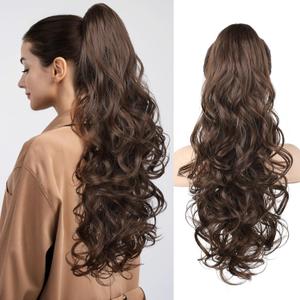 LONAI Ponytail Extension for Women, 26 Inch Claw Clip Ponytail Extensions Wavy Curly Pony Tail Clip in Hair Natural Looking Synthetic Hairpiece for Daily Wear Chocolate Brown