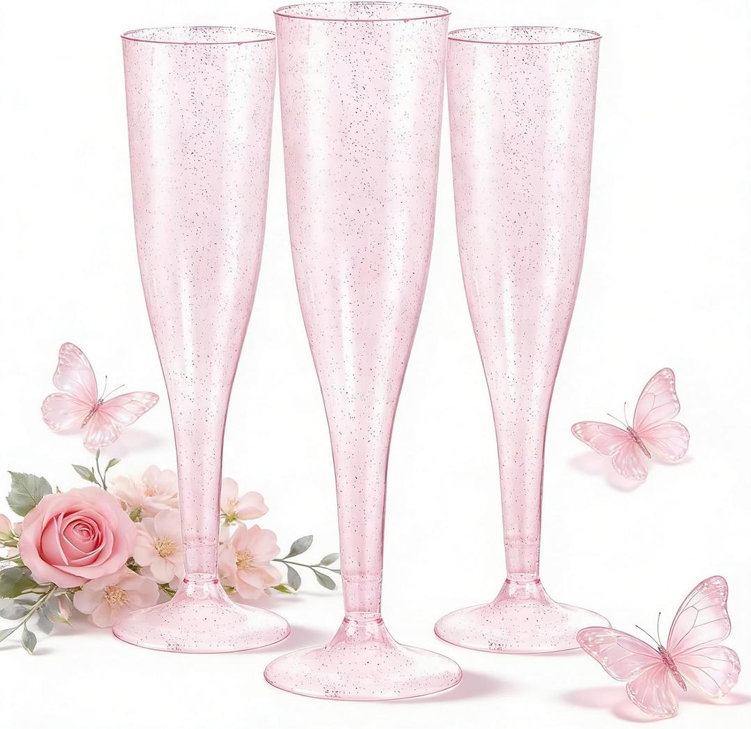 WDF 36 Pack Pink Glitter Plastic Champagne Flutes - 7OZ Disposable Pink Glasses Glitter Champagne Flutes Plastic for Party/Wedding/Spring/Mother's Day