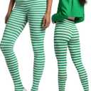 ToBeInStyle Women's Thin Horizontal Stripe Opaque Tights Pantyhose - Regular or Plus (White/Kellygreen)