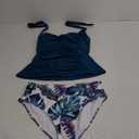 Eomenie Womens Halter Tankini Bathing Suit Ruched Tummy Control Two Piece Swimsuit with Bottom (Medium, Blue Print)