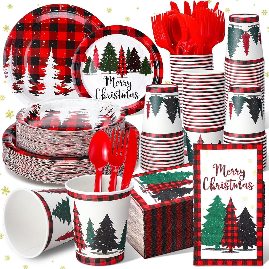 Sinmoe 400 Pcs Winter Dinnerware Set Disposable Winter Plates and Napkins Set Serve 50 Christmas Paper Dinner Plates Napkins Cup Christmas Party Supplies for Holiday(Black,red,Tree)
