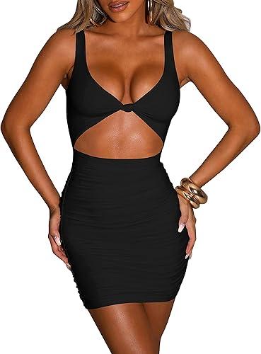 Kaximil Women's Sexy Bodycon Sleeveless Cut Out Ruched Tank Mini Club Party Dresses L