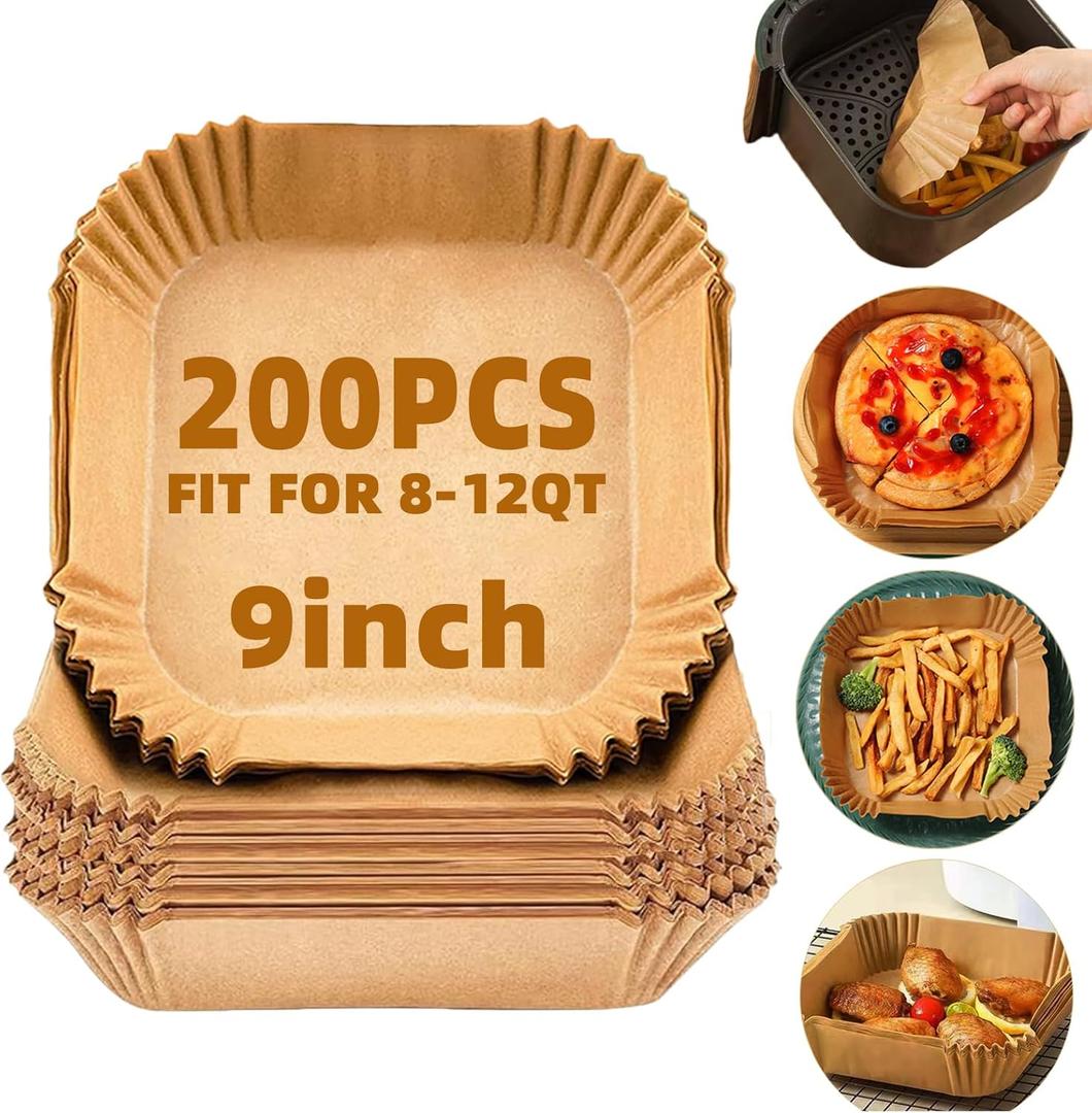 9inch 200Pcs Air Fryer Liners Disposable,Non-Stick Food Grade Air Fryer Parchment Paper Liner,Oil Resistant, Waterproof Parchment Paper Sheets for 8-12 QT Air Fryer