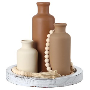 5 Pcs Rustic Country Tabletop Centerpieces Decor Set of 3 Boho Ceramic Vases with Wooden Serving Tray Wood Bead Garland Tassels Table Holder for Home Decorations (Brown)