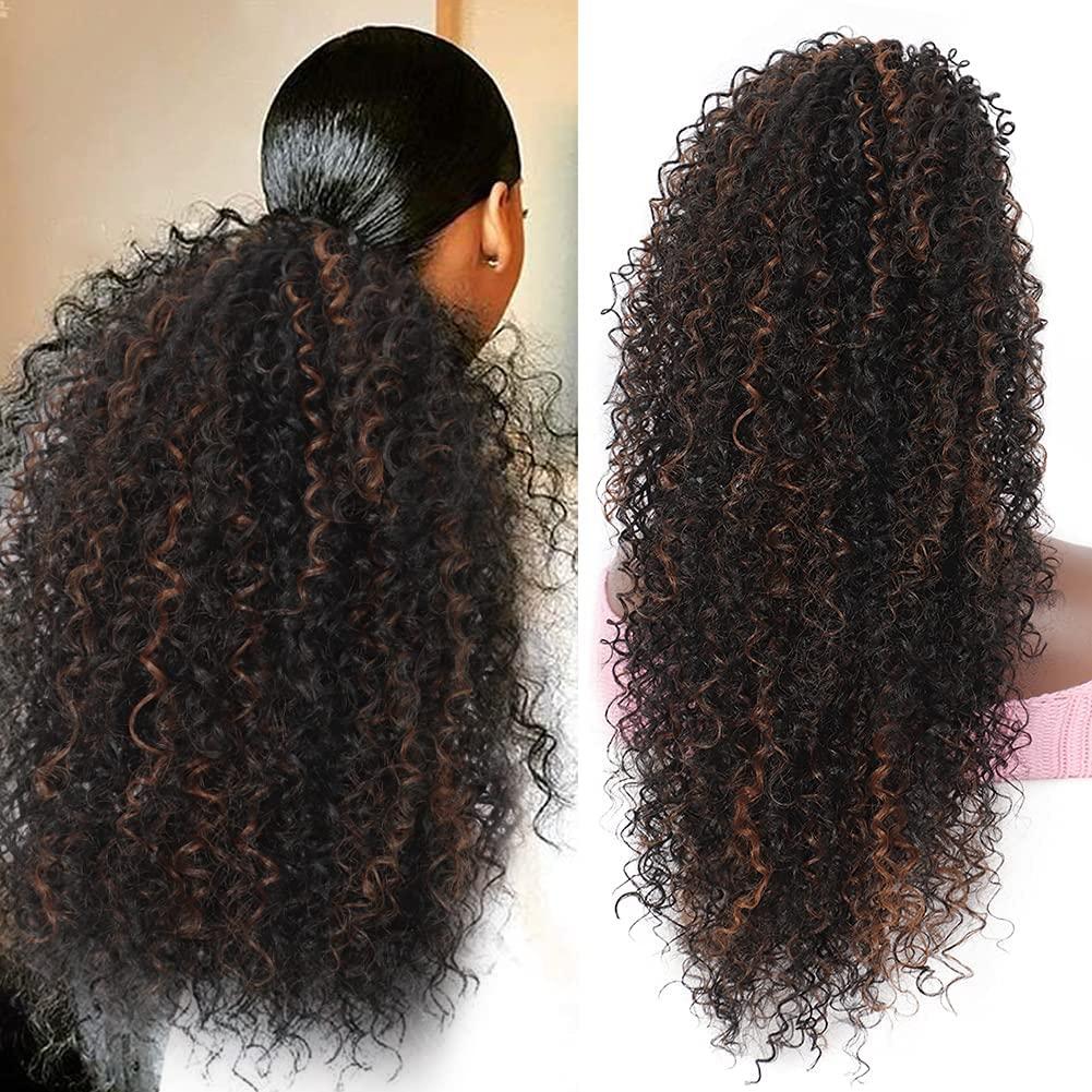 Youthfee 27 Drawstring Ponytail Deep Curly Heat Resistant Synthetic Instant Clip Ponytail Extension Protective Style Afro Kinky Curly Hair Pieces for Women (27 Inch Brown Highlights)