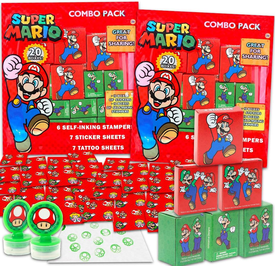 Super Mario Holiday Party Favor Boxes Set - Bundle of 40 Super Mario Bros Stickers, Tattoos, Stampers for Non-Candy Halloween, Trick or Treat, More
