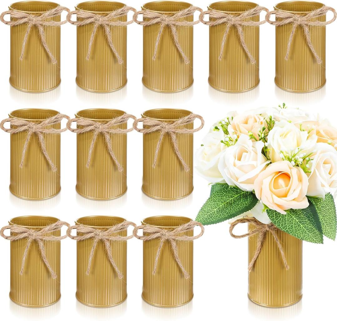 Domensi 4.33 Inch Petite Farmhouse Vase Decor Vintage Flower Vase with Twine Bow Rustic Galvanized Metal Buckets for Artificial Flowers for Table Centerpiece Weddings(Gold,12 Pcs)