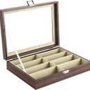 8 Slot Sunglasses Organizer, Leather Multi Eyeglasses Storage Box for Women Men with Clear Glass Cover, Glasses Holder with 8 Slots for Glasses Watches Jewelry, Brown