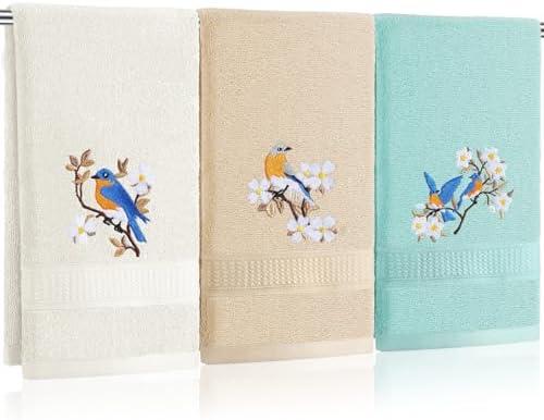 Tingjoo Bird Floral Hand Towels Farmhouse White Light Brown Turquoise Bird Bathroom Decor 14x29 Inch Embroidered Decorative Cute Spring Summer Cotton Soft Absorbent Hand Towels for Bathroom Kitchen