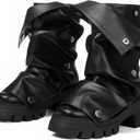 Celbreez Slouchy Boots for Women Fold Over Platform Boots Round Toe Pull On Leather Goth Boot Punk Mid Calf Chunky Stacked Heel 2025 Button Party Shoes Combat Motorcycle Boot (Black) Size 9.5