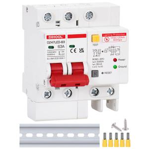 DIHOOL Ground Fault Circuit Breaker with Voltage Surge Arrester Protection, 63 Amp, 2 Poles, AC 120V-240V, DIN Rail Mount Residual Current Circuit Breaker