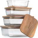 Set of 4 Stackable Space-Saving Nesting Glass Bowls with Airtight Acacia Lids for Lunch, Meal & Food Prep - Microwave & Oven-ready BPA Free Durable Heat Resistant Inert Borosilicate Glass