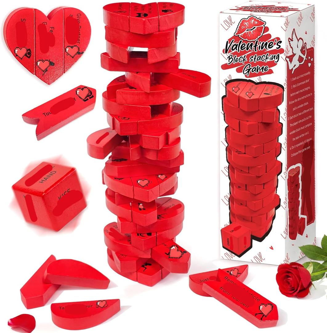 AerWo 51PCS Date Night Valentines Games, Heart Wooden Blocks Stacking Couples Game, Tumbling Tower Date Night Valentines Day Games for Couples Valentines Gift Date Night Ideas