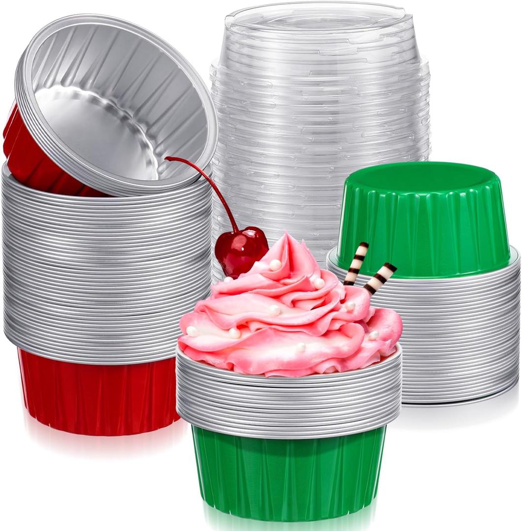 Umigy 100 Pcs Christmas Aluminum Foil Baking Cups with Lids 4.3oz Baking Liner Cups Xmas Disposable Ramekins Muffin Tins Cupcake Pan Foil Cupcake Containers(Classic)