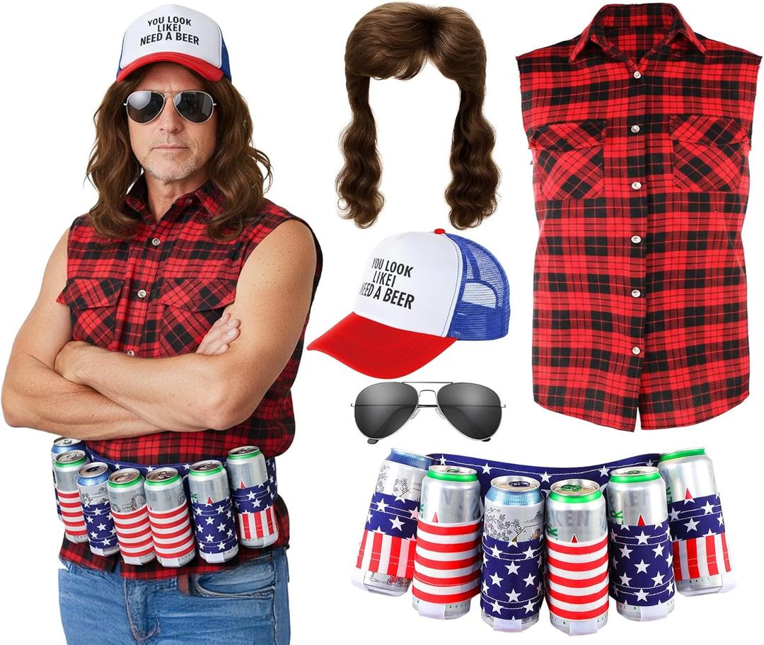 Mepase Blonde Mullet Wig 80s Costumes for Men Rock Disco Star Costume Plaid Shirt Sunglasses Vintage Hat and Beer Belt (Large)