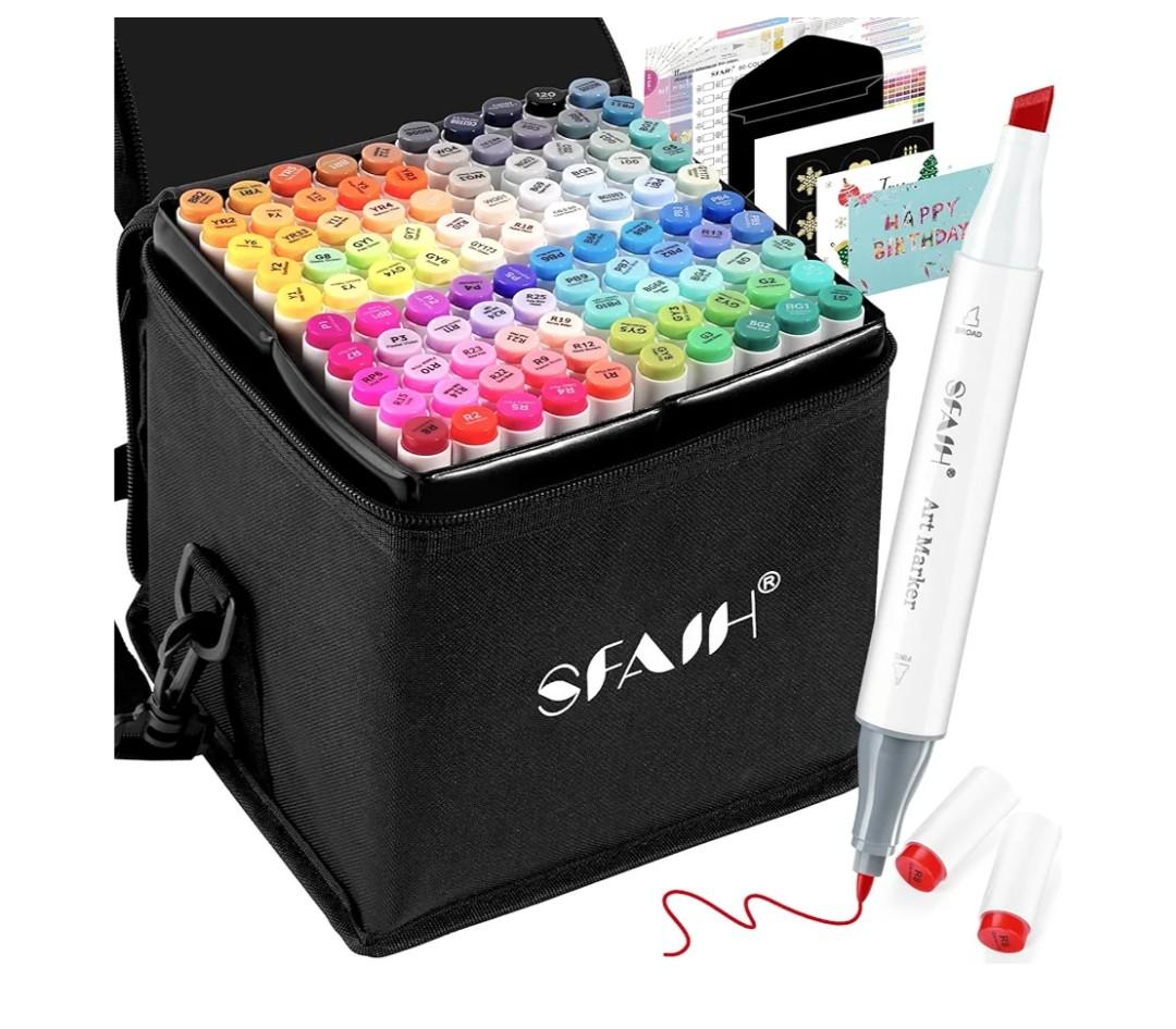 SFAIH Markers Fine & Chisel - 101 Colors Dual Tip Coloring Markers for Adult Coloring Sketch Illustration, Ideal Gifts for Artist Adult Beginners, [Greeting Card & Leather Storage Box]
