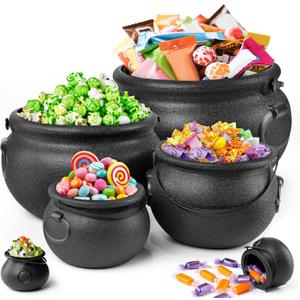 Zesua Halloween Decorations - 6 in 1 Package Large Black Plastic Witches Cauldron - Cauldron Candy Bowl - Trick or Treat - Cauldron Pot for Indoor Outdoor Party Table Decor