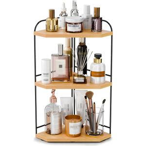 Corner Bathroom Counter Organizer, 3-Tier Wood Countertop Organizer for Perfume, Makeup Storage, Skincare Organizers for Vanity, Counter Corner Shelf for Kitchen, Bathroom, Dresser (Natural) (7.68"W x 7.68"L x 16.58"H)