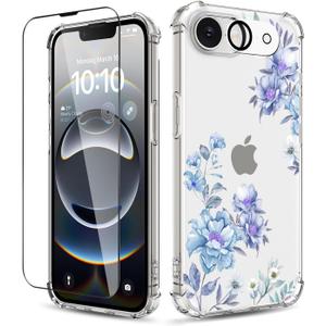 for iPhone 17e Case & iPhone 16e Case,[3 in 1] with Screen Protector & Camera Lens Protector, Clear Soft Shockproof Slim Floral Phone Cover for Women Girls 2025 6.1" (Magnolia/Blue)