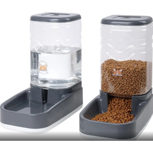 Automatic Dog Cat Feeder and Water Dispenser Gravity Food Feeder and Waterer Set with Pet Food Bowl for Small Medium Dog Puppy Kitten, Large Capacity 1 Gallon x 2(Grey)