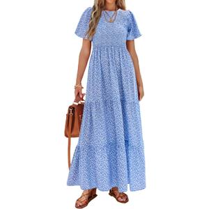 PRETTYGARDEN Women's 2026 Summer Casual Flutter Short Sleeve Boho Floral Maxi Dress Crew Neck Smocked Tiered Long Dresses (Blue, M)