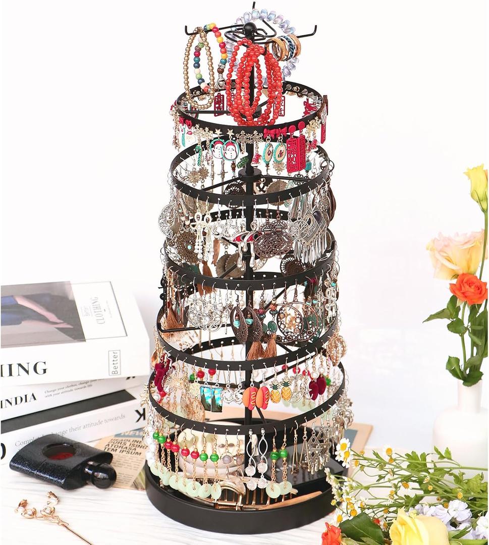 6 Tier Rotating Jewelry Organizer Stand, 230 Holes Earring Holder Organizer for Women Girls, Spinning Earring Tree with Ring Holder, Wide Base for Bracelets Watches Lipstick, Metal,6-Tier,Black