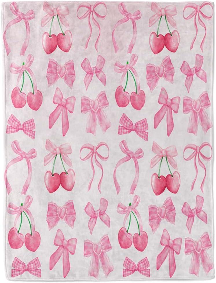 Pink Cherry Bow Throw Blanket Back to School Decorations Soft Dorm Room Essentials Gifts for Students Girls Boys Lightweight Coquette Bow Cherry Aesthetic Blanket for Nursery Room 30"x40"