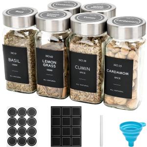 6 Pcs Glass Spice Jars with Label, 4oz Spice Jars with Lids, Seasoning containers Set, Comes with spice bottle caps, Silicone Collapsible Funnel, Chalk, for Spice Rack, Cabinet, Drawer