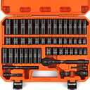 HORUSDY 3/8" Drive Impact Socket Set, 50-Piece Standard SAE (5/16 to 3/4 inch) and Metric (8-22mm) Size, 6 Point, Cr-V, 3/8-Inch Drive Ratchet Handle, Drive Extension Bar, Impact Universal Joint