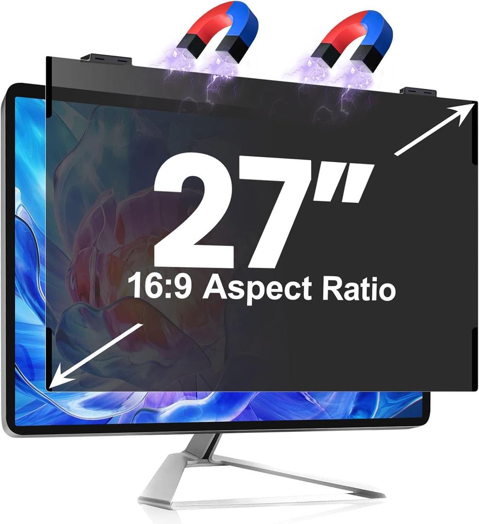 Magnetic 27 Inch Privacy Screen for Computer Monitor, Fit Frameless Monitor 16:9 Widescreen, Anti Blue Light Filter, Anti-Glare Eye Protector Shield, Adhesive-Free, Easy Installation
