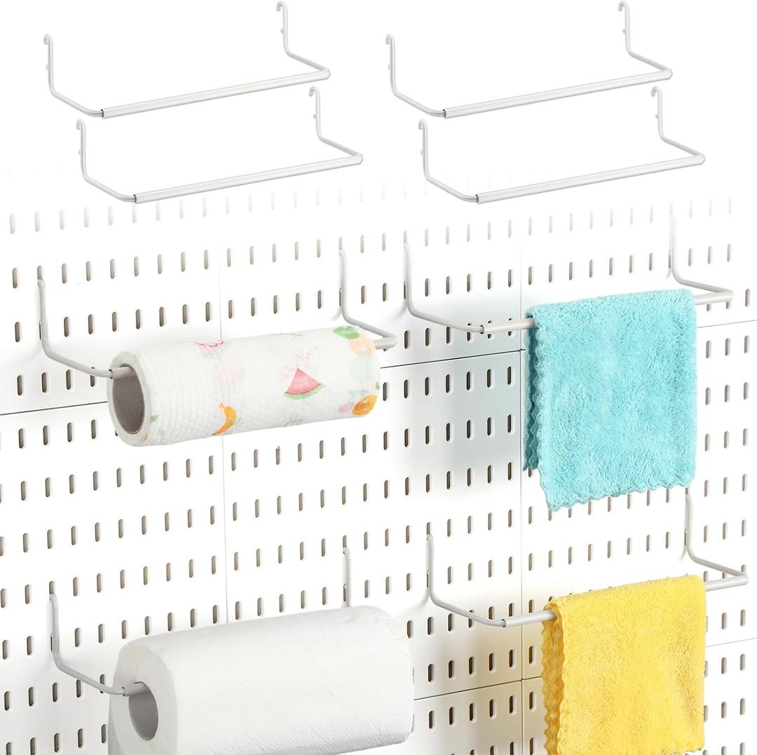 Yaocom 4 Pcs Paper Towel Holder for Pegboard Paper Towel Holder Pegboard Accessories Peg Board Hooks for Ribbon Towels Studio Workshop Stickers Tapes(White)