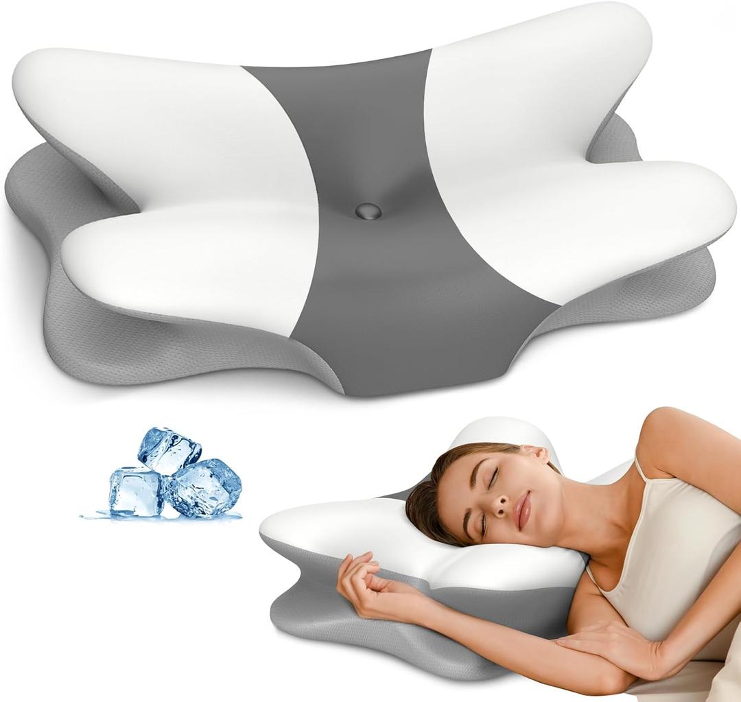 Cervical Pillow for Neck Pain Relief - Ergonomic Neck Pillow for Sleeping, Contour Memory Foam Pillows Side Sleeper Pillow for Neck Support, Bed Pillow for Back Stomach Sleepers (White & Grey)