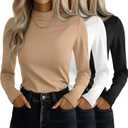 Ficerd 3 Pack Women's Mock Turtleneck Shirts, Long Sleeve Mock Neck Pullover Tops Slim Fitted Stretch Undershirt Tee Blouse (Large, Black, White, Mocha)