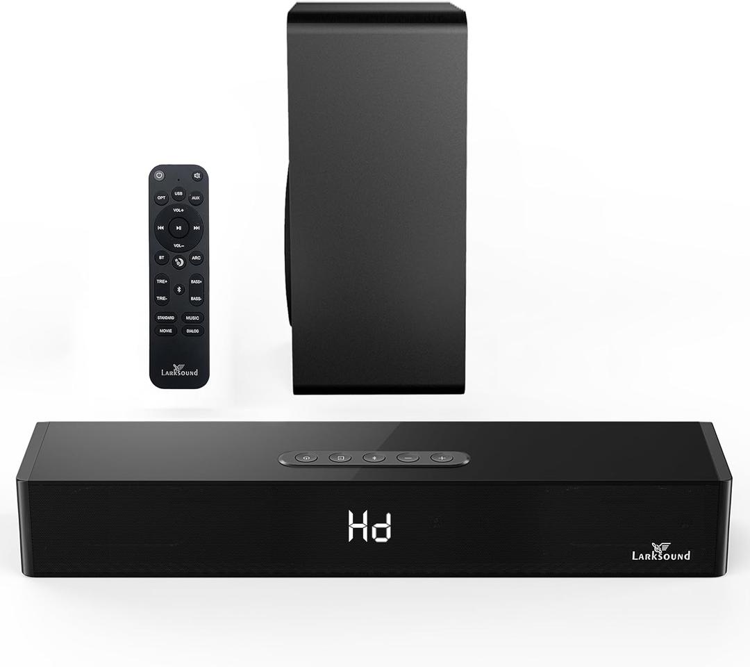 LARKSOUND 2.1 Soundbar with Subwoofer, 16" Sound Bar for TV with HDMI/Optical/AUX/Bluetooth/USB Connections