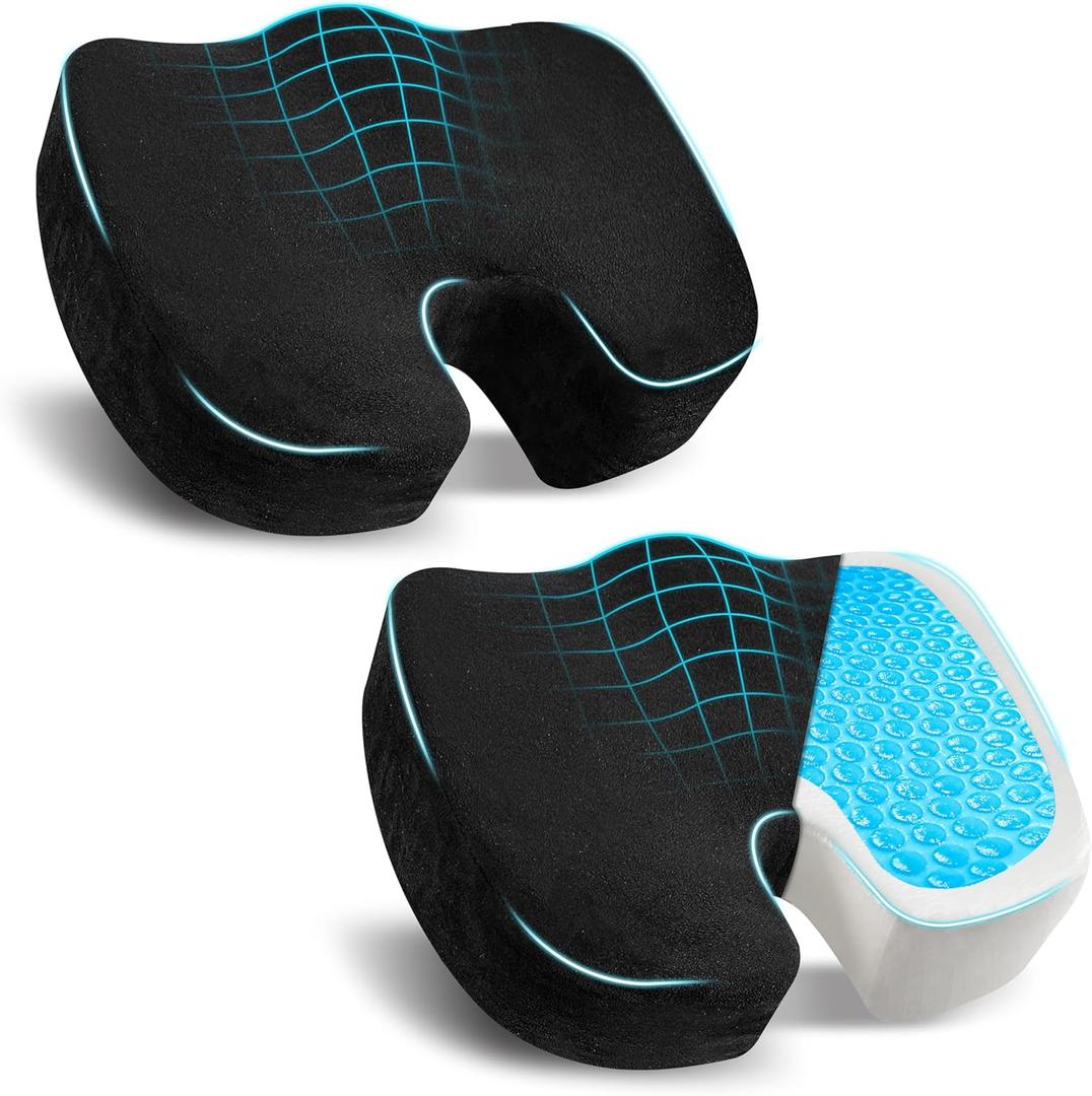 EcoNour Thick Seat Cushions for Tailbone Pain Relief (2 Pack) | Orthopedic Desk Chair Cushion for Office, Gaming Chair & Car Seat | Sciatica & Coccyx & Tail Bone Pain Relief for Long Sitting Elderly (Black)