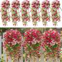 6 Pcs Artificial Fake Hanging Flowers Plants for Outdoor Decoration Faux Silk Long Vine UV Resistant Look Real for Spring Summer Outside Home Porch Patio(Red Pink)