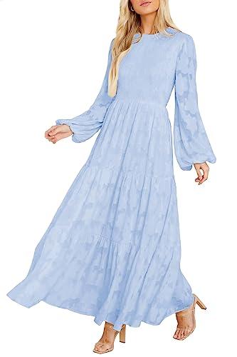 MITILLY Women's Elegant Floral Long Sleeve Round Neck Smocked A-Line Flowy Tiered Maxi Dresses with Pockets Large Light Blue