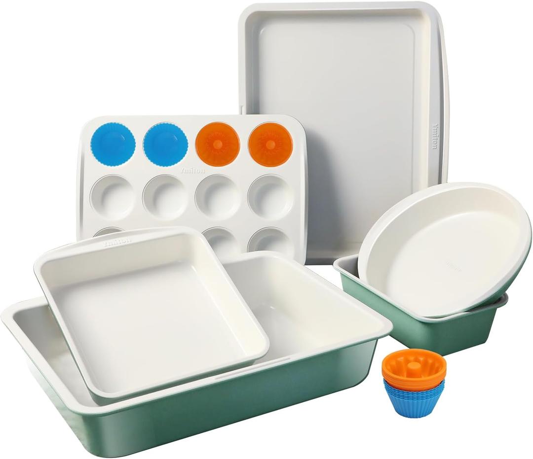 Ceramic Nonstick Baking Pans Set, Non Toxic 30 PCS Stackable Bakeware Sets, 550F Oven Safe Baking Sheet & Pans, Warp-Free, Dishwasher Safe, PTFE/PFOA/PFOS-Free (Green)
