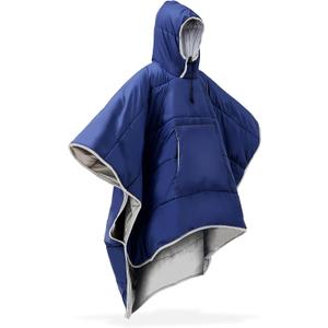 Preboun 1 Pcs Thermal Poncho Wearable Hooded Blanket Winter Poncho Wearable Sleeping Bag Water Resistant Windproof for Men Women (Navy Blue)