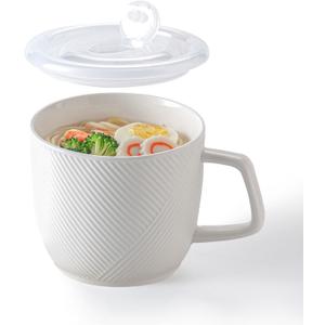 Ceramic Soup Bowl with Lid & Handle: 32 oz Microwave Safe Food Container for Ramen Noodles Cereal Leftovers - Extra Large Mugs for Breakfast Lunch Picnic Camping - White, Set of 1