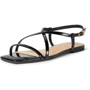 Amazon Essentials womens Flat Strap Sandals (5, Black Patent)