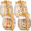 Pinkunn Set of 4 Glass Stripe Jar Glass with Bamboo Spoons 20 Fl oz Overnight Oats Containers with Lids Coffee Sugar Container Set for Kitchen Food Storage Coffee Tea Sugar (Oval)