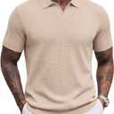 COOFANDY Men's Polo Shirts Short Sleeve Textured Knit Polo Shirt Ribbed Casual Golf Shirts Light Brown (Blue)
