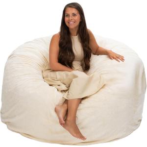 ULTIMATE SACK 5000 5-Foot Bean Bag Chair, Ivory Fur Cover  Oversized Foam Lounger, Floor Seat, Small Sofa, or Couch Bed for Living Area, Gaming Room, or Reading Lounge