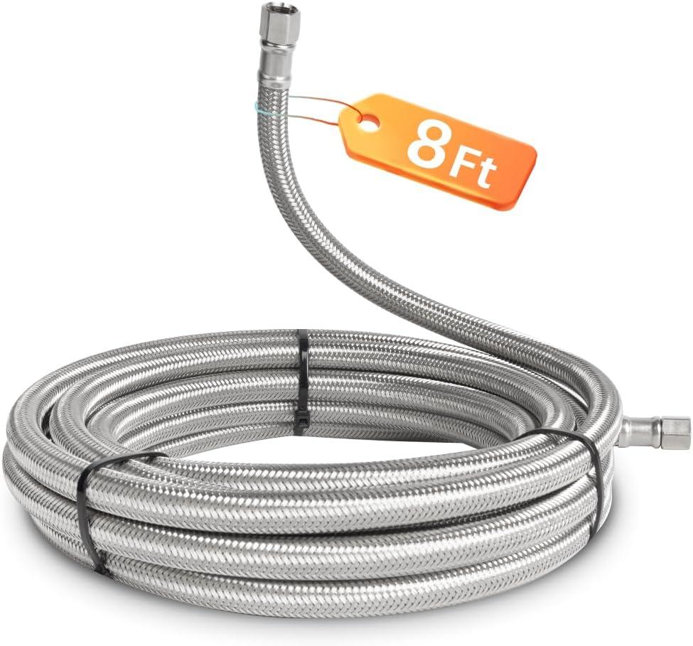 8FT Refrigerator Water Line Premium Stainless Steel Braided Ice Maker Water Hose with 1/4" Fittings for Refrigerator Ice Maker